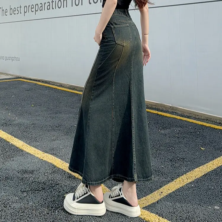Chân váy jean dài nữ xòe cạp cao tôn dáng vải bò denim dày dặn màu xanh đậm V15 4