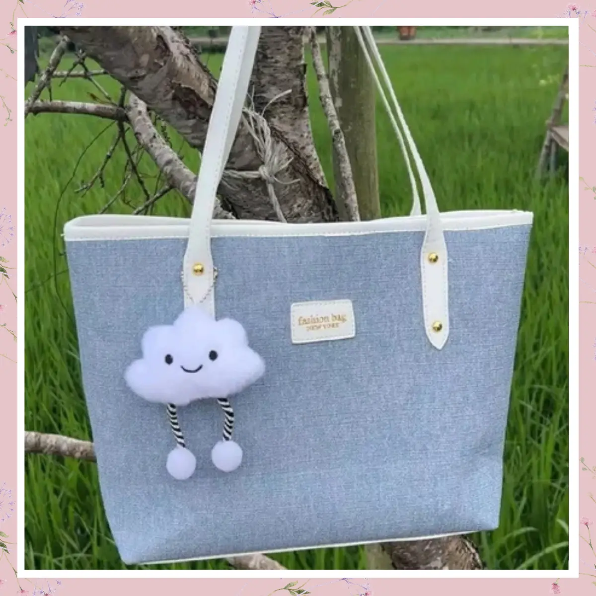 Túi công sở túi xách đeo vai nữ thời trang da jeen kèm bông cá tính K220 Bag Chain Kem Tote