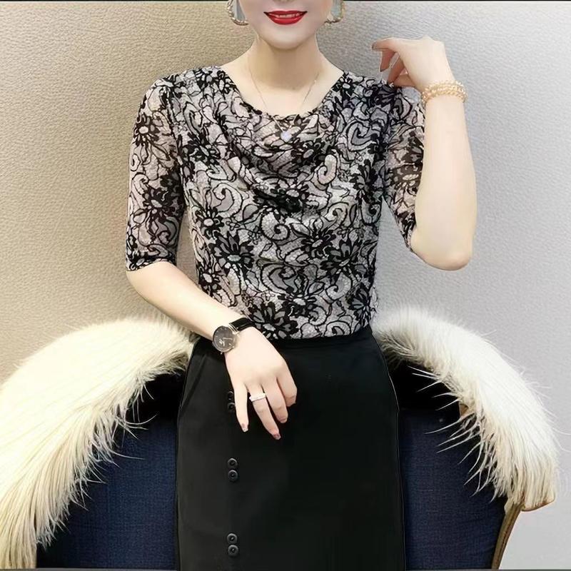 Áo Lớp Nền In Cao Cấp Mùa Hè, Áo Sơ Mi Lưới Co Giãn Phong Cách Phương Tây Của Mẹ, Ngoại Cỡ, Dáng Rộng Vừa Vặn, Có Túi, Cổ Bẻ, Bó Sát, Thanh Lịch, Năm 2024 Nữ Women 6