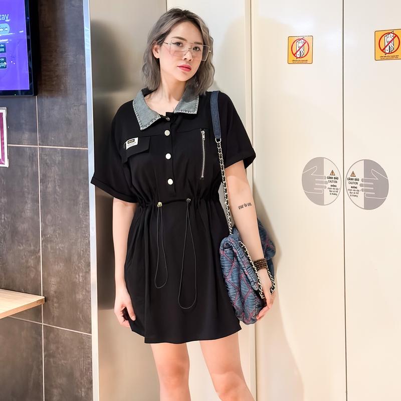 Váy rút eo pha cổ bò Hằng Tống qc