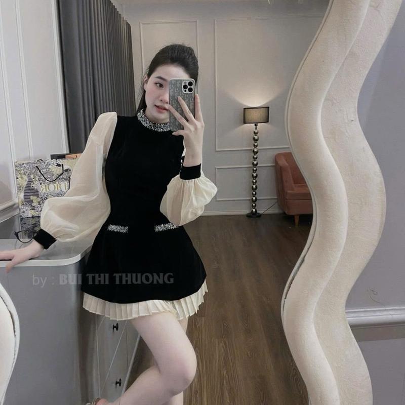 Váy nữ Váy Thiết Kế Đính Đá Ngọc Đầm Viền Cổ Tà Váy Phối Xếp Ly Tơ Óng Tiểu Thư Màu Đen Nhung Sang Chảnh 3