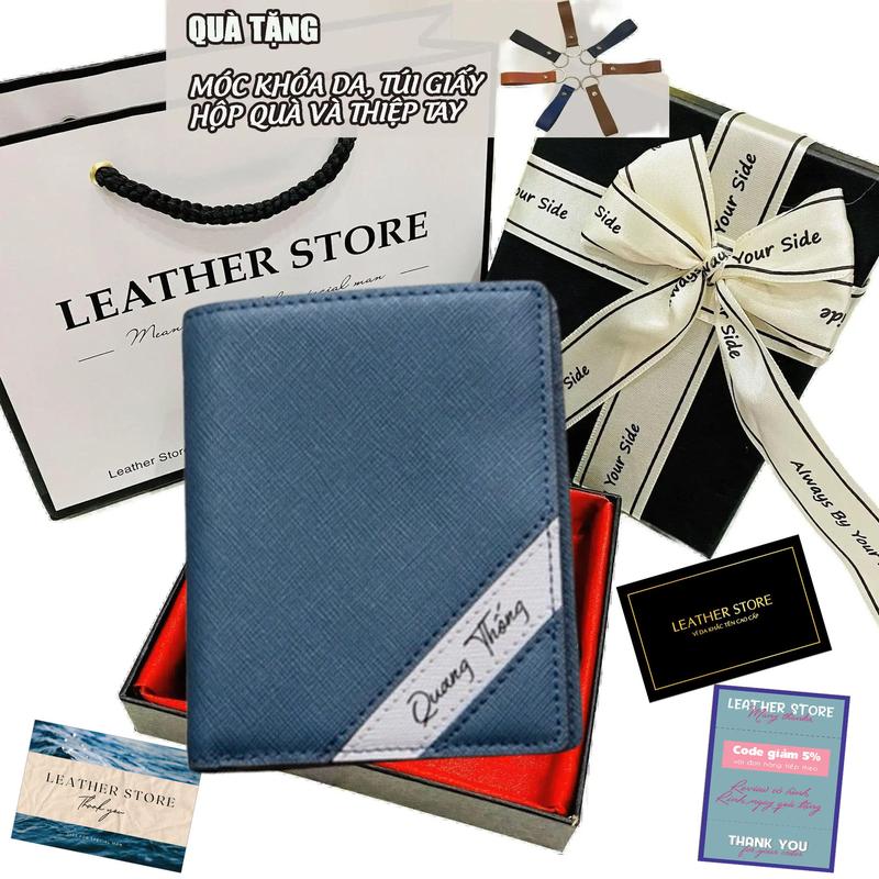 [ĐÃ GÓI QUÀ TẾT VALENTINE 14/02]  Ví Nam Khắc Tên Da Bò thật Saffiano Sọc Chéo , bóp nam da bò thật bảo hành 24 tháng - Tặng Hộp Nơ Túi Thiệp Để Làm ( Quà Tặng Cho Người Yêu Hoặc Bố ,người thân ý nghĩa )  Wallet  ngày lễ tình yêu Hình Chữ Nhật Nhiều Ngăn