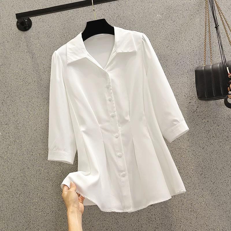 Thời Trang Bigsize Áo Sơ Mi Thiết Kế Vải Hàng Châu 50 - 100Kg Top Nữ Women Kem - A.1041