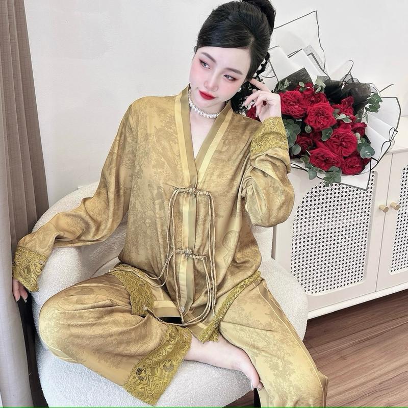 Bộ Quần Áo Lụa Mịn Viền Ren Phối Nút Thắt Nữ Women Voi Dài Tay Đồ Ngủ Nữ
