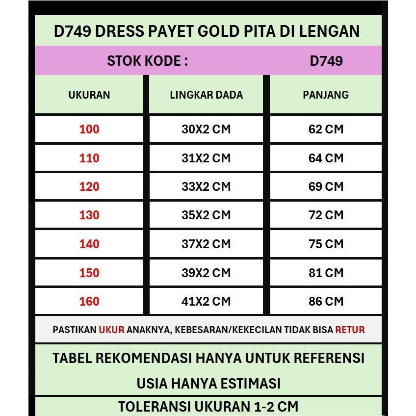 (USIA 3,4,5,6,7,8,9,10-11TH) D749 -YNIB DRESS PAYET GOLD PITA DI LENGAN