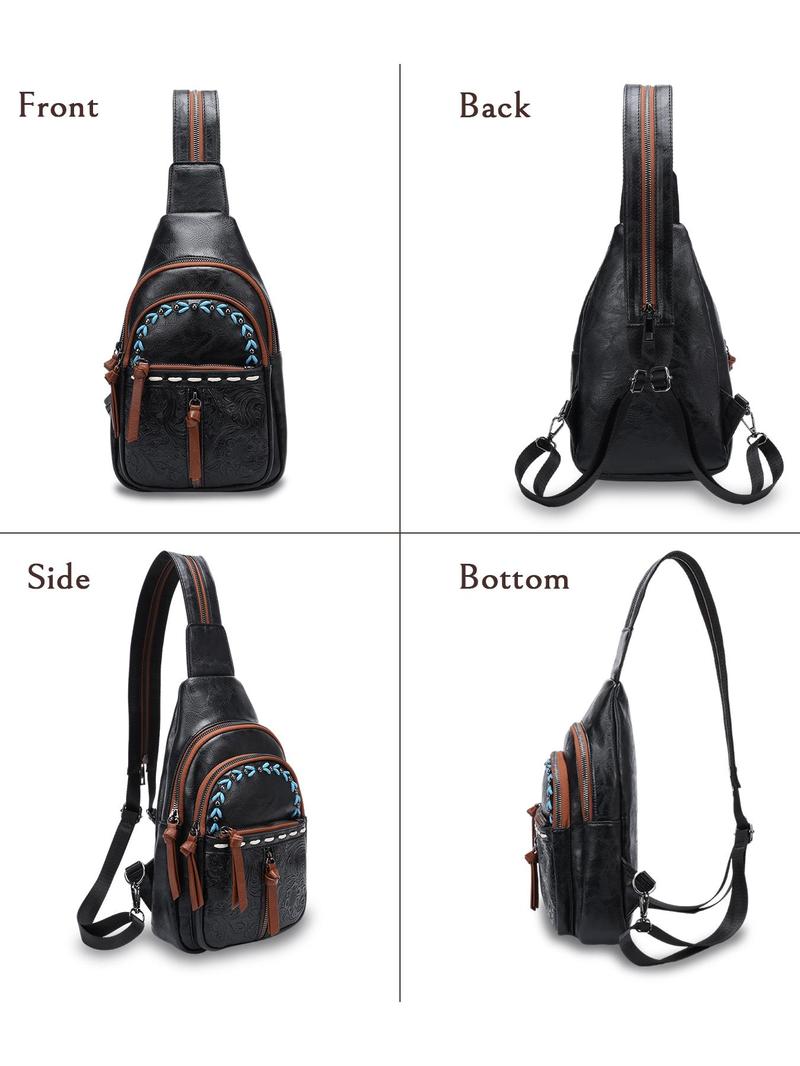 Product Introduction of Boho Style PU Leather Chest Bag, Fashionable Floral Pattern Embossed Backpack with Adjustable Strap, Casual Trendy Versatile High-quality Daily Commuting Bag 5