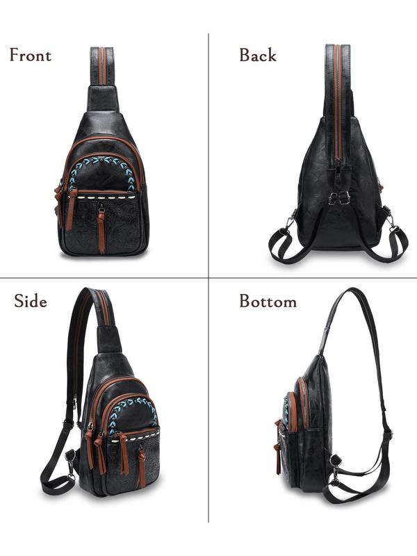 Boho Style PU Leather Chest Bag, Fashionable Floral Pattern Embossed Backpack with Adjustable Strap, Casual Trendy Versatile High-quality Daily Commuting Bag 5
