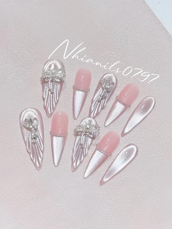  N114 bộ 10 nails box thủ công màu thạch Hồng phối màu mắt mèo lấp lánh phối vẽ nổi vỏ sò phối chamr nơ phong cách  sang chảnh  Không chứa cồn Không mùi Độ bóng cao Chống nước Bền 