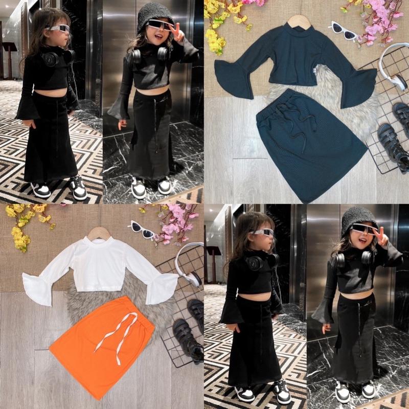 Set bộ chân váy suông áo dài tay loe cho bé gái