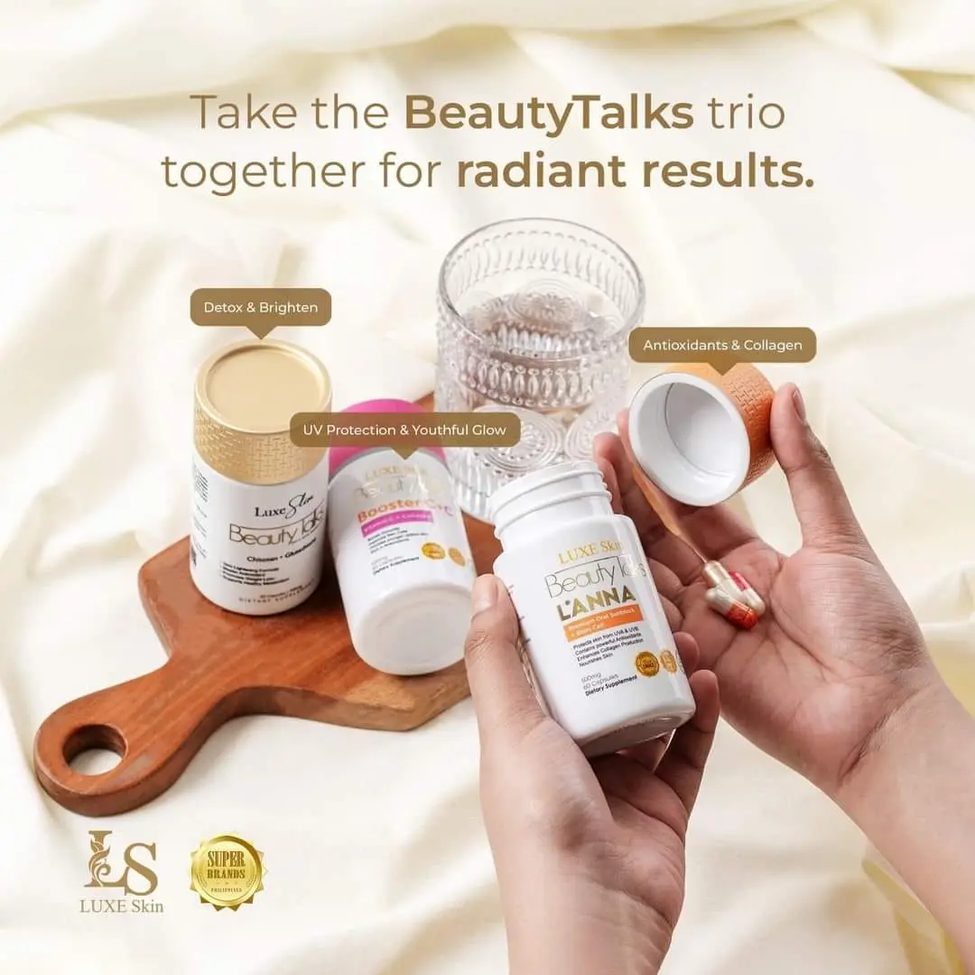 luxe skin beauty talks glutathione My life with beauty talks from LUXE SKIN First thing in the morning booster  C + collagen and chitosan with glutathione then the premium oral sunblock +  stemcell after meal Simple everyday routine I