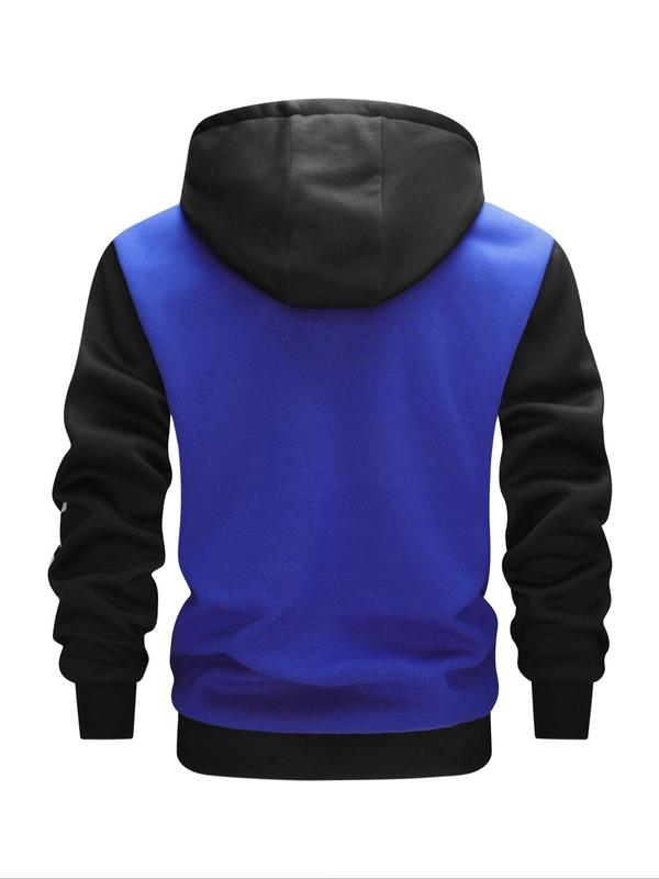 Men's Colorblock Letter Print Drawstring Button Front Hooded Jacket, Regular Fit Casual Pocket Long Sleeve Outerwear For Spring & Fall, Men's Clothes For Daily Wear 1