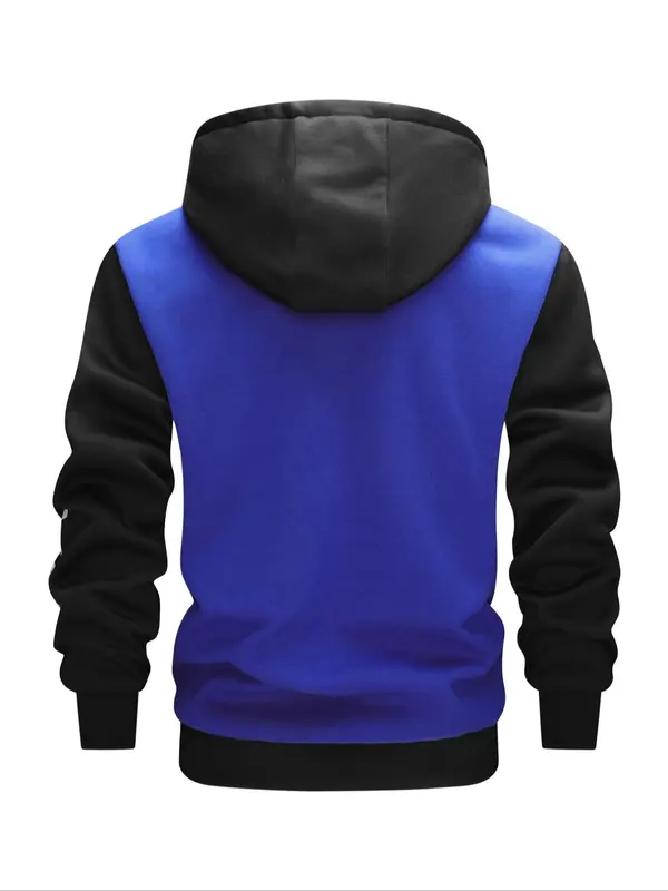 Men's Colorblock Letter Print Drawstring Button Front Hooded Jacket, Regular Fit Casual Pocket Long Sleeve Outerwear For Spring & Fall, Men's Clothes For Daily Wear 1