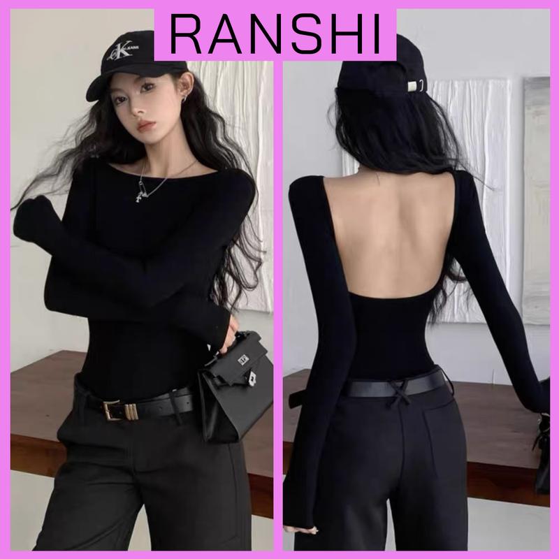 Bodysuit Tay Dài Hở Lưng RANSHI Kiểu Dáng Ôm Sát Tôn Body Áo Liền Thân Khoét Eo Cao Chất Thun Tăm Co Giãn - RBS031 Nữ Women