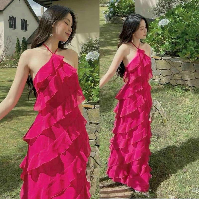 váy đầm maxi cổ yếm nhún tần nhiều tần lượn sóng dài  hở lưng gợi cảm chất voan xịn sò có mút ngực Nữ Dress Women