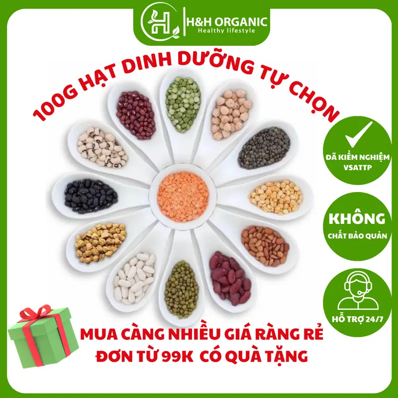 Hạt dinh dưỡng hữu cơ H&H Organic - 100g, làm sữa hạt, nấu cháo ăn dặm, nấu cơm, đậu gà, hà lan, hạt kê, diêm mạch, kiều mạch, mè đen, lăng đỏ, đậu ngự, đậu đỏ, đậu trắng, nhân hướng dương, đậu cúc, hạt lanh, hạt chia Food 1góimè 0