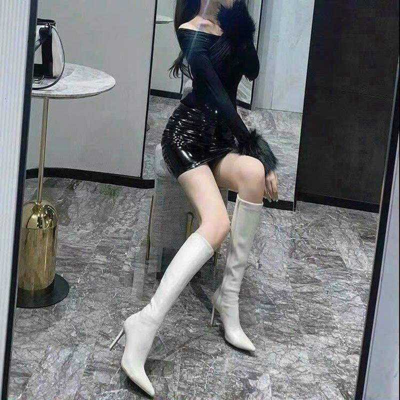 Bốt Nữ Cao Cổ Khóa Sườn Mũi Nhọn Gót Nhọn 8cm Thời Trang Da Mềm Cao Cấp Jean Boot GiàY Shoes