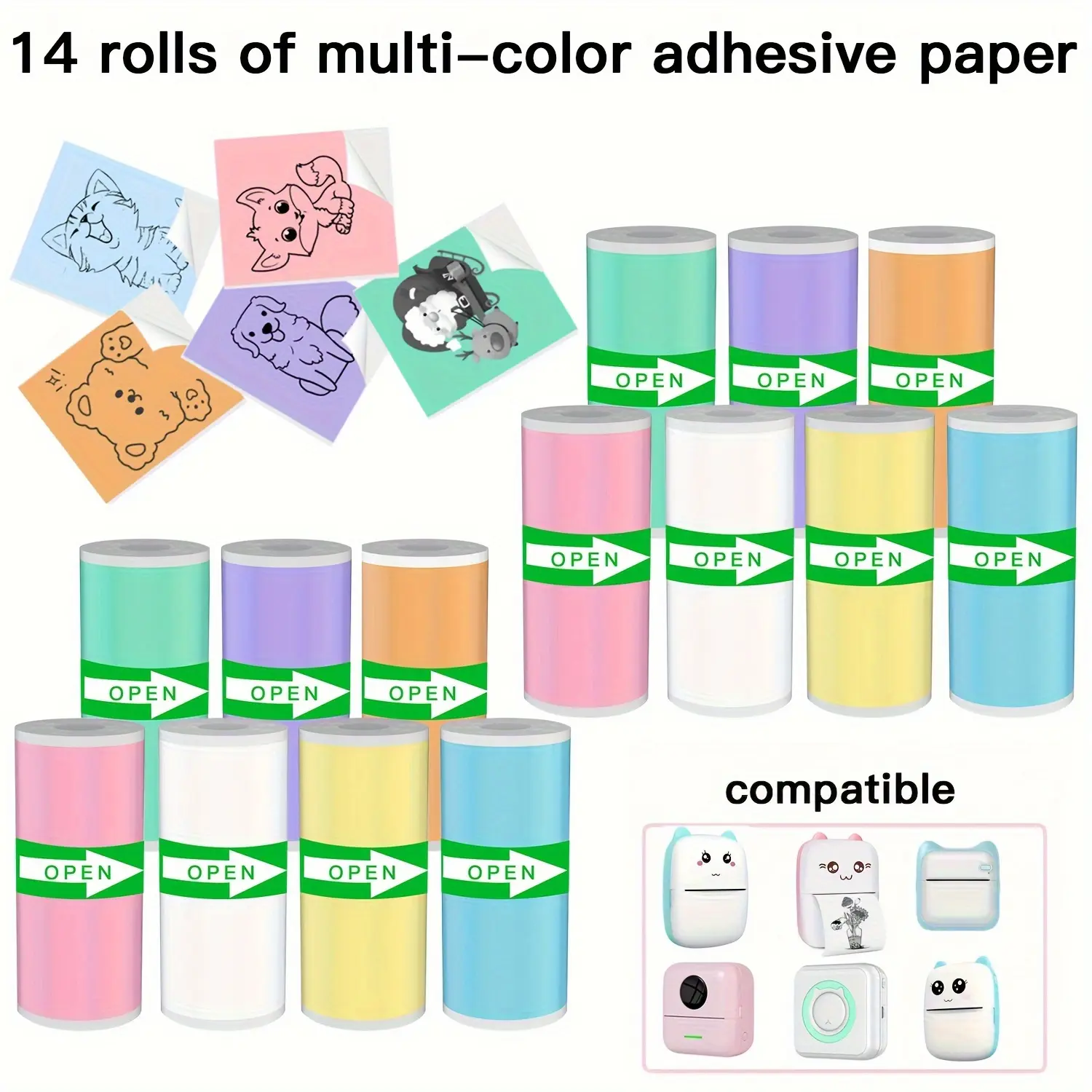 Kertas Pelekat Warna, 7 / 14pcs, Pelekat Percetakan Terma Mini Mudah Alih, Pelekat Warna, Sesuai untuk Pencetak Mini Paper Stationery