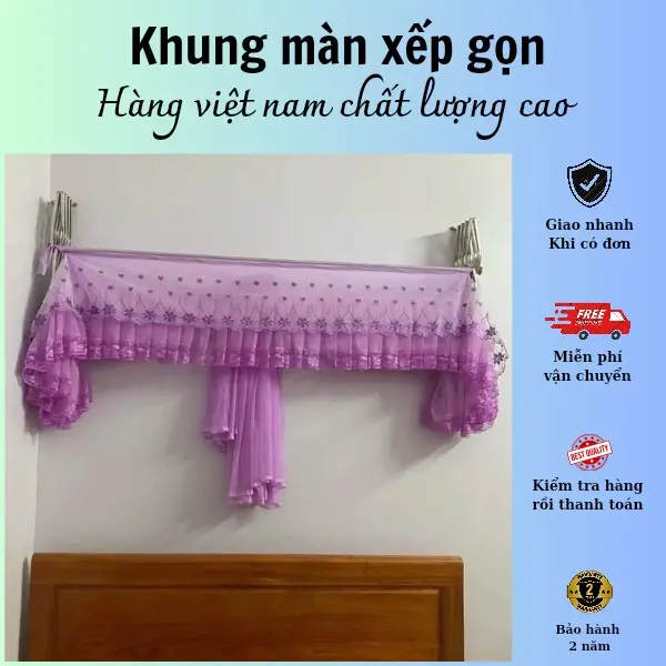 Mã BHM1. ( màn tím, chỉ màn ). màn khung xếp gọn. màn tuyn lạnh cao cấp. mềm,mịn,mắt nhỏ,sợi dai mùng