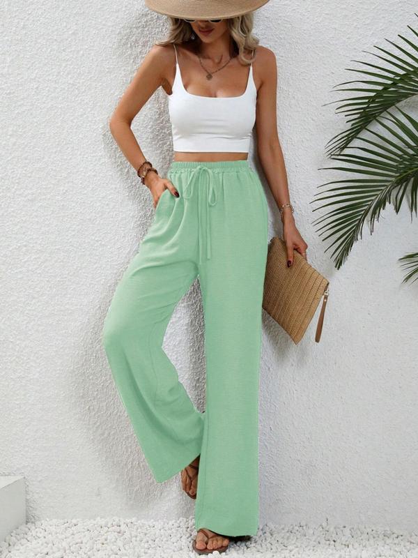 Women's Plain Pocket Tie Front Elastic Waist Straight Leg Pants, Casual High Waist Wide Leg Trousers for Daily Wear, Ladies Bottoms for All Seasons, Baggy Pants 4