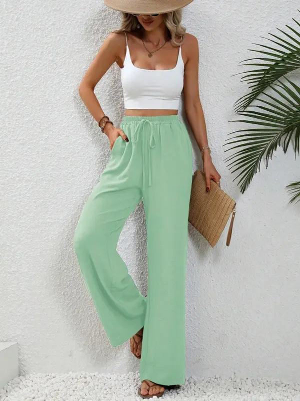 Women's Plain Pocket Tie Front Elastic Waist Straight Leg Pants, Casual High Waist Wide Leg Trousers for Daily Wear, Ladies Bottoms for All Seasons, Baggy Pants 4