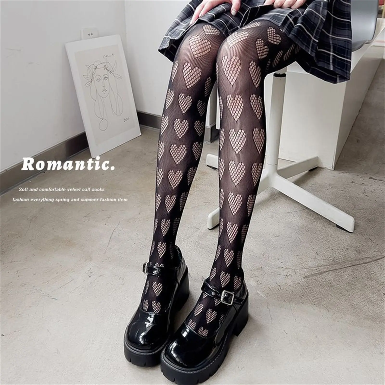 Women Lolita Pantyhose Hollow-Out Heart Fishnet Summer Mesh See-Through Thin Stockings Stretchy Tights Leggings