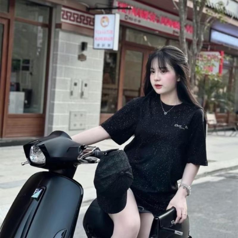 Áo thun Đì ó cổ tròn in nhũ KIM TUYẾN chất cotton nam nữ - Đen Top Women