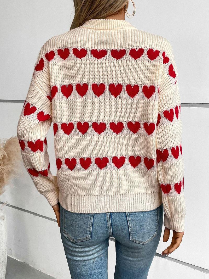 Product Introduction of Women's Heart Print Crew Neck Sweater, Casual Long Sleeve Jumper for Fall & Winter, Fashion Ladies' Knitwear for Daily Wear 4