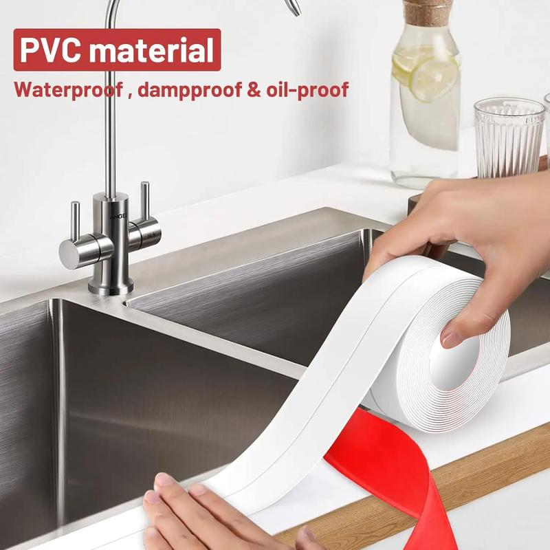 Waterproof Caulk Tape with Tool, 2 Rolls Self Adhesive Caulk Strip, Caulking Sealant Tape for Kitchen, Countertop, Bathroom, Sink, Shower, Bathtub, Toilet Edge Protection 3