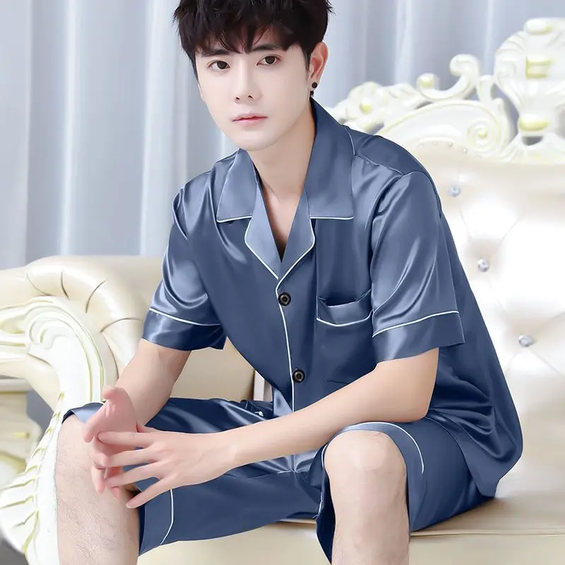 Đồ Ngủ Nam, ngắn Tay, Chất Liệu Lụa Lạnh Cao Cấp, Dáng Rộng Vừa Vặn, Ngoại Cỡ, Thích Hợp Cho Mùa Hè, Bộ Đồ Lụa, Ngoại Cỡ, Thích Hợp Cho Học Sinh, Đồ Mặc Nhà Áo Menswear