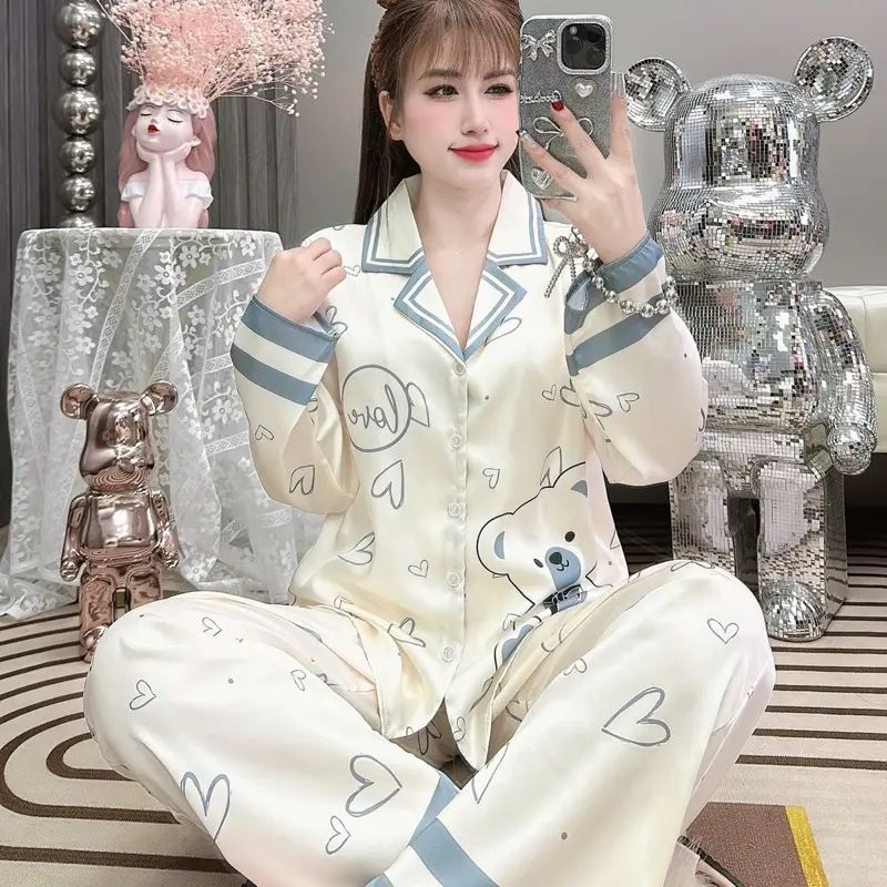 Bộ Ngủ Nữ Pyjama Lụa Latin Gấu Tim Xanh  Vải Mềm Mịn Quần Có Túi Women