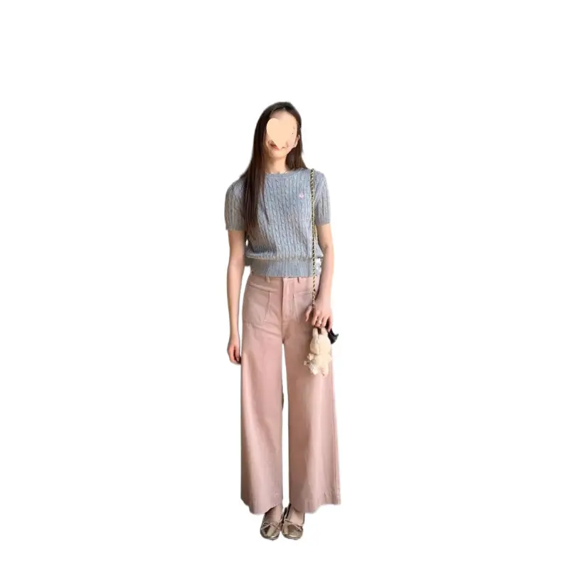 Spring Summer Women's Wear Embroidered Crew Neck Cable-Knit Sweater Short-Sleeved Sweater Top T-shirt for Women  Womenswear Comfort Lingerie Basic Crewneck Round Neck Knitwear Minimalist