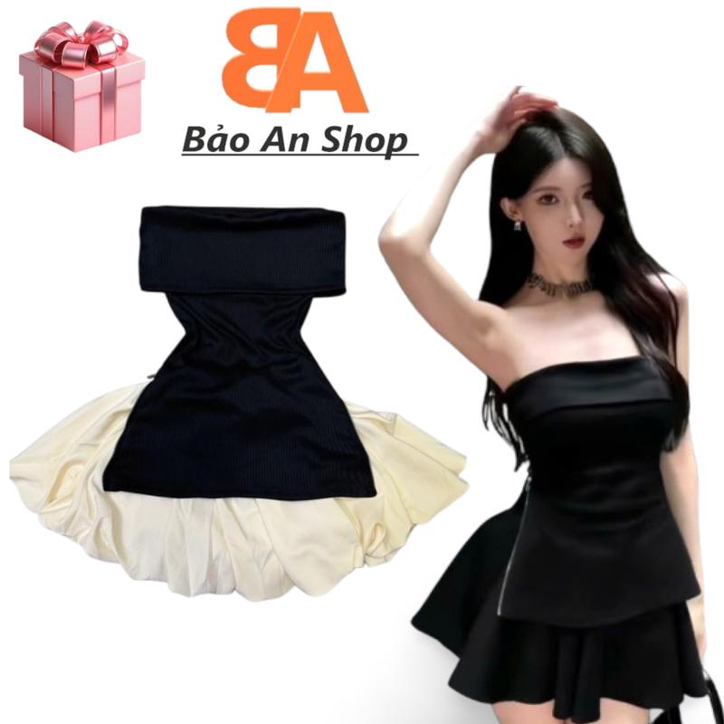 [ SB-218 ] Sét bộ nữ 2 món áo ống xẻ tà 2 bên phối chân váy bí có quần trong lưng thun 58-75cm Free Size dưới 54kg top hop Bảo An Shop trend