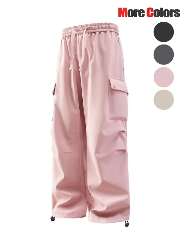 Men's Solid Color Flap Pocket & Slant Pocket Design Drawstring Waist Cargo Pants, Loose Casual Comfortable Windproof Waterproof Wide Leg Trousers with Drawstring Hems for Outdoor Activities, Fashion Men's Bottoms for All Seasons 0