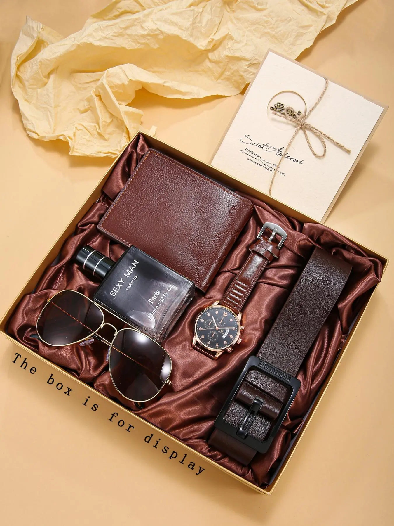 Men's Business Fashion Watch & Wallet & Belt & Sunglasses & Cufflinks & Greeting Card Set, Trendy All-match & Exquisite Watch Set for Birthday Gift