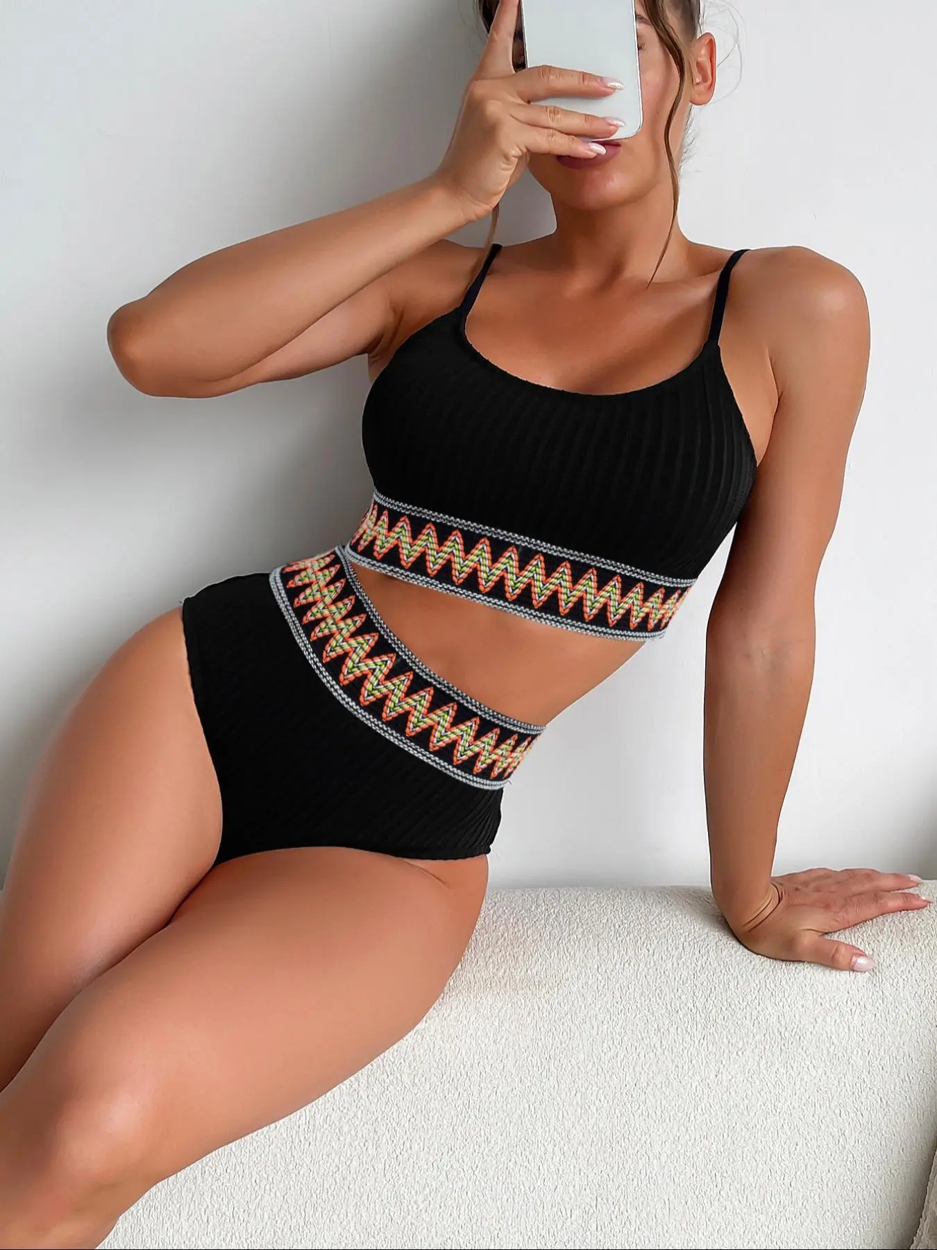 Two-piece Set Summer Sexy Textured Contrast Chevron Tape Bikini Sets, Korean Swimming Suit, Swimsuit for Women, Tummy Control, Ribbed Bikini Top & High Waist Swimwear, Co-ords Sets, Gym Outfits, Two Piece Sets Holiday, Curve Swimwear UK