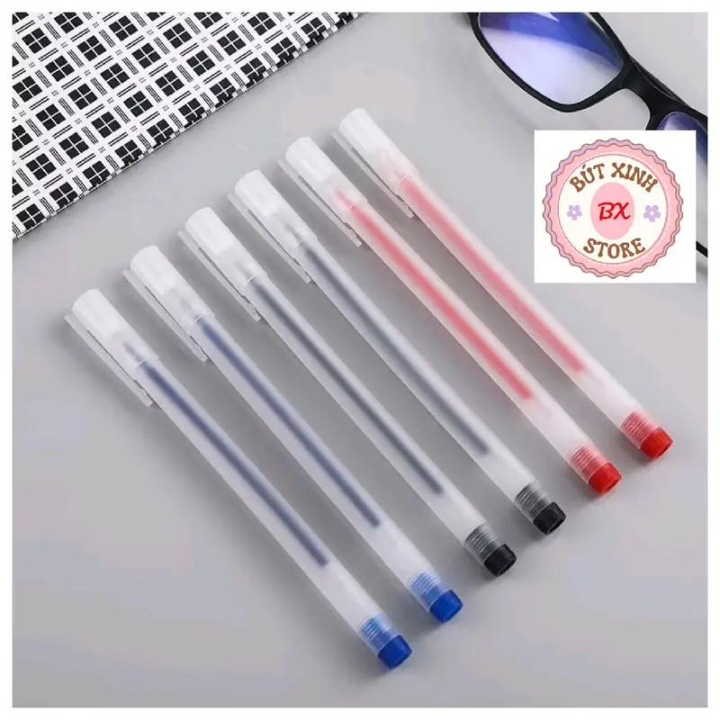 Bút Bi Nước Mực Gel Đen Xanh Đỏ Khô Nhanh Ngòi 0.5mm, Mực Đều, Nét Chữ Đẹp Đủ Màu