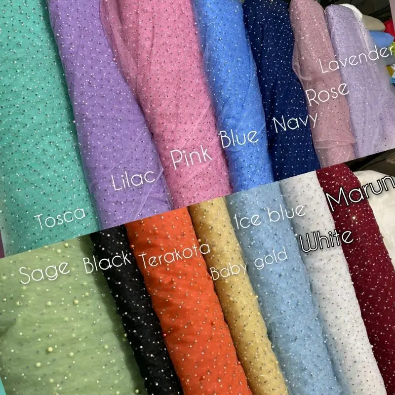Kain Tile Swarovski Mutiara Payet - Tile Swarovski Premium / Kain Tile Meteran Mewah /Soft Tulle Mutiara Payet Diamond Swaroski/ Kain Tule Tile Brukat Brokat Mewah 1