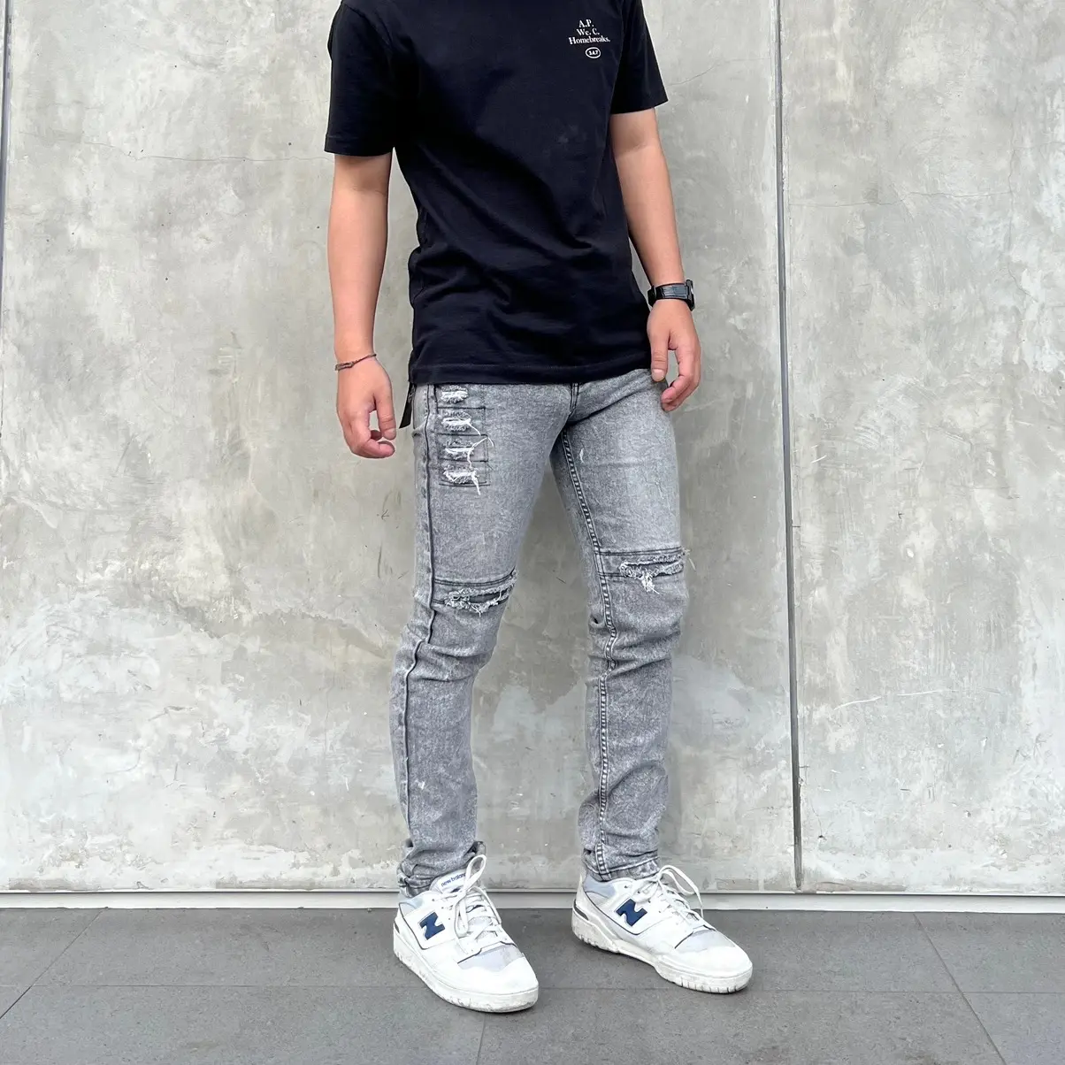 Celana jeans pria sandwash sobek ripped tidak tembus skinny slim Denim Stretch Panjang Slim Fit