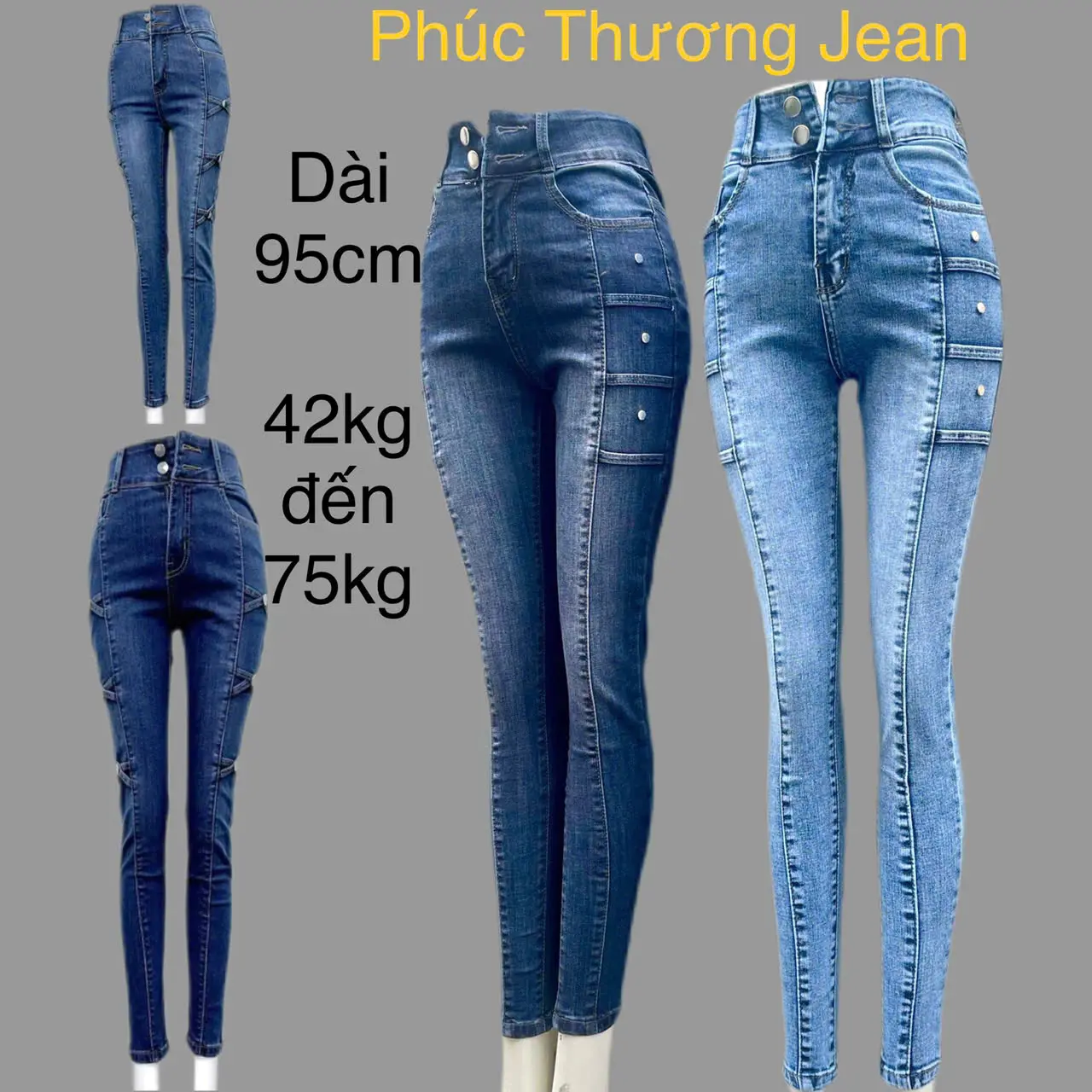 Quần jean nữ  thêu,đan dây 2 nút,dài 95cm, quần lưng cao, từ 40kg đến 75kg, co giãn thoải mái Women Pants Xám Kem