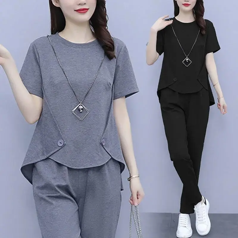 Quần Áo Nữ, Ngoại Cỡ, Dành Cho Người Béo, Dáng Rộng Vừa Vặn, Bộ Đồ Mỏng Vừa Vặn, Quần Áo Mùa Hè 2024, Dành Cho Bé Gái Béo, Thời Trang, Đơn Giản, Giấu Bụng, Bộ Đồ Hai Mảnh Mỏng