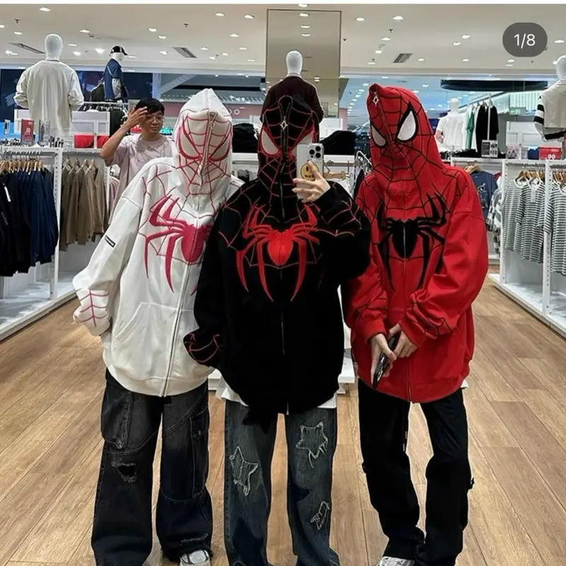 Áo khoác in nhện dây kéo đến nón trùm đầu.chất thun dày mềm mịn, mát, form to bự 80kg Nam Menswear Hoodie Dài Tay Đen Kem 3