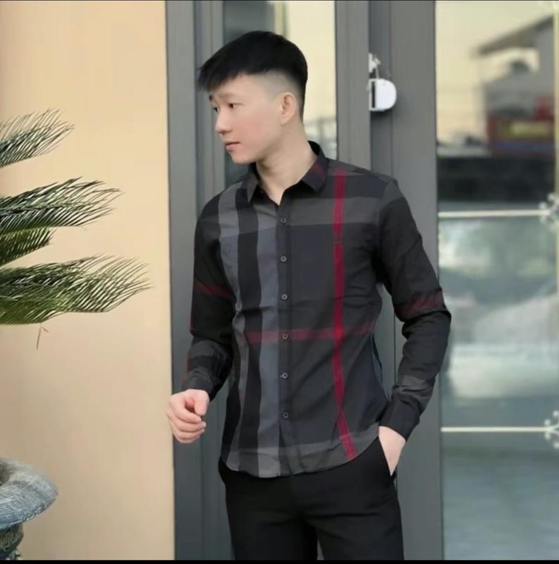 Áo sơ mi nam đen xám sọc đỏ chất lụa cotton vải dày mềm mịn thoáng mát fom chuẩn- AN NHIÊN STORE01 Menswear Có Cổ
