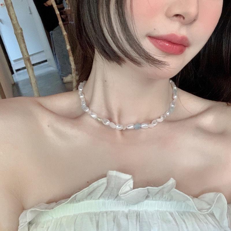 Product Introduction of Necklace, Pearl Pink Blue Crystal, Beaded Elegance, Choker Collarbone Chain 1