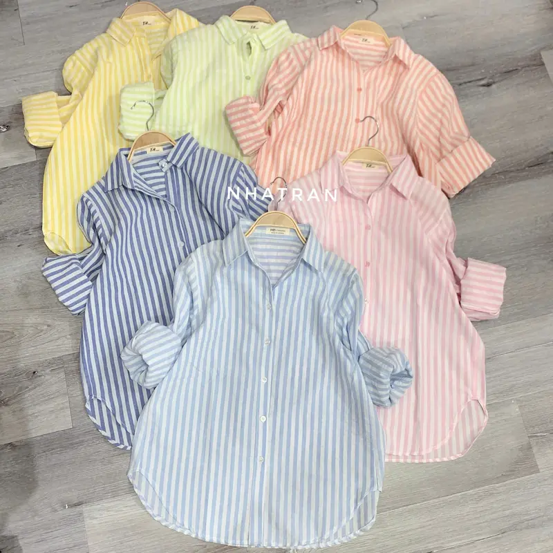 nhatran - Áo sơ mi nữ cổ bẻ tay dài sọc kẻ phom vừa Top Women Pastel SOC 0