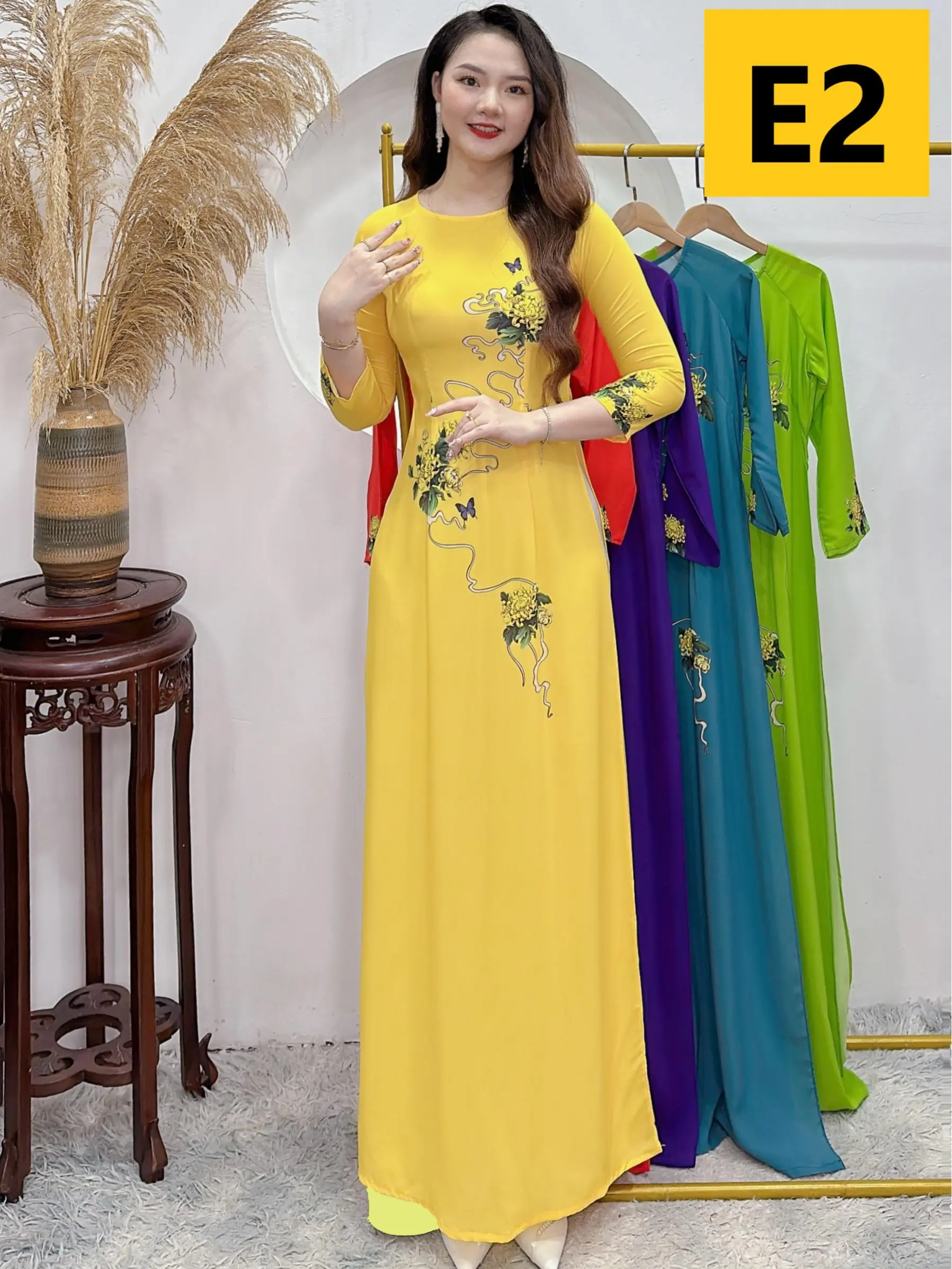 Bộ Áo dài in 3D, chất liệu Lụa Nhật loại 1,  cổ tròn, bộ gồm Áo và Quần  Nữ Women