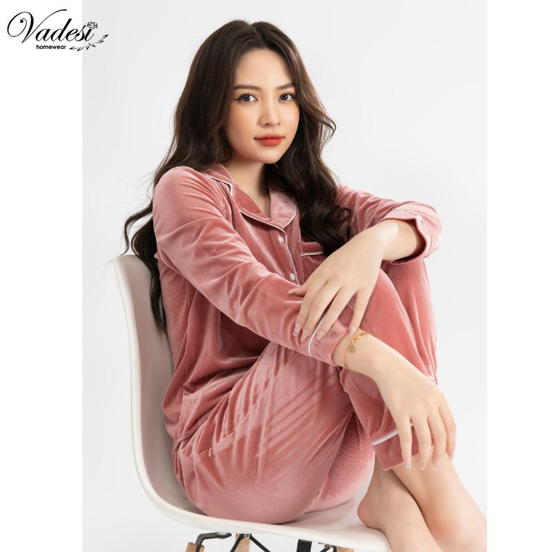 Bộ Đồ Thu Đông Nữ Set Pijama Giữ Nhiệt VADESI Dài Tay Nhung Tăm Cao Cấp Mùa Đông Mặc Nhà Sau Sinh Đẹp Mềm Mại