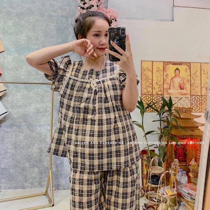 Đồ bộ bầu và sau sinh áo có khóa mở cho bé ti, Bộ bầu cộc tay kẻ thô mềm,quần bầu có chun chỉnh tiện lợi BL876 1