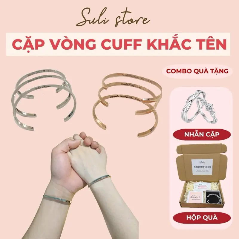(TẶNG NHẪN ĐÔI)Vòng Tay Cuff Cặp Khắc Tên Theo Yêu Cầu Titan Không Đen Gỉ Suli Store