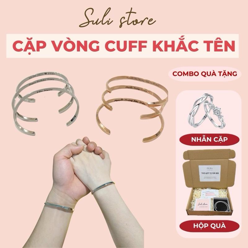 TẶNG NHẪN ĐÔI Vòng Tay Cuff Cặp Khắc Tên Theo Yêu Cầu Titan Không Đen Gỉ Suli Store