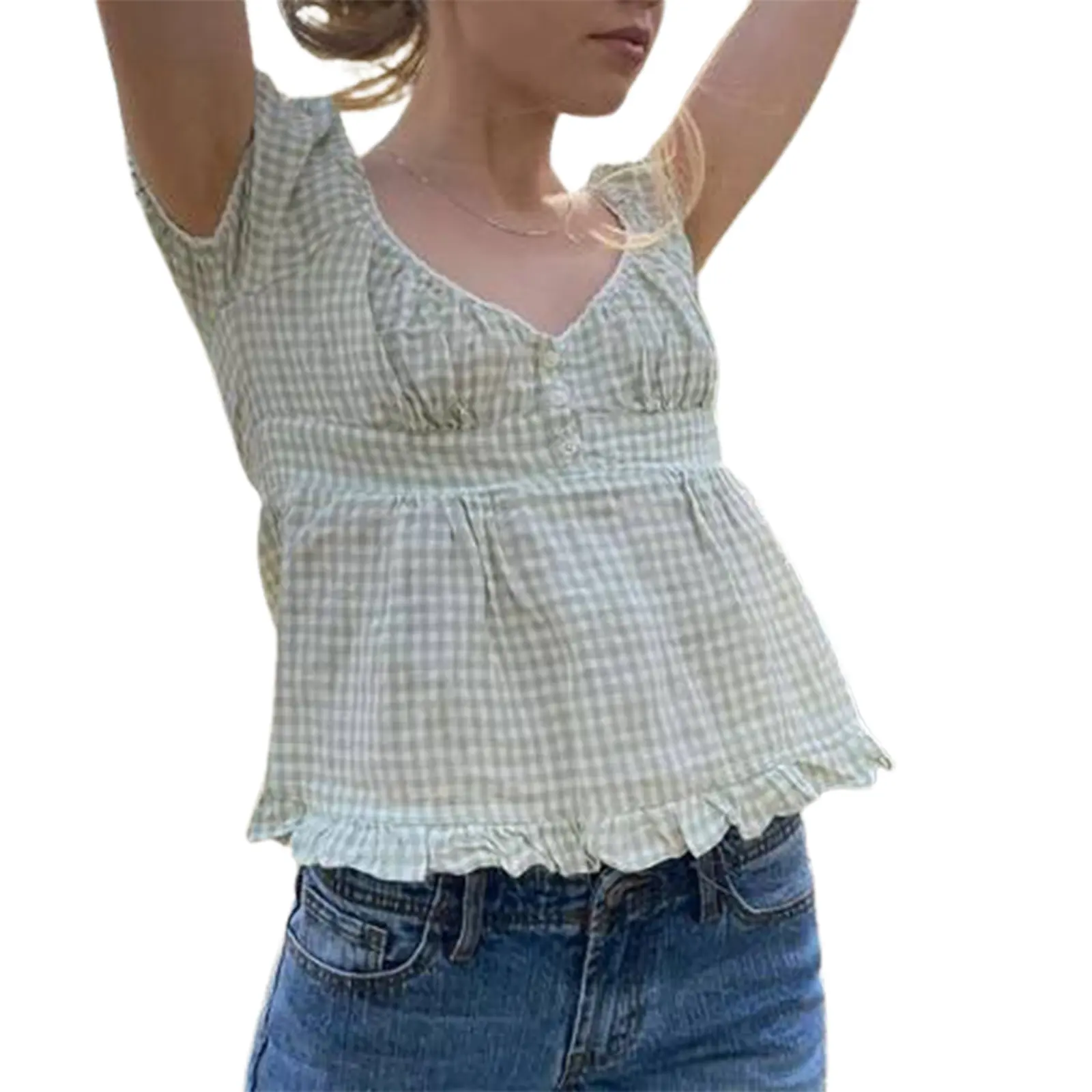 Women´s Summer Short-sleeved T-shirt Solid Color/Check Low-necked Pleated Hem Casual Tops Short Sleeve Womenswear